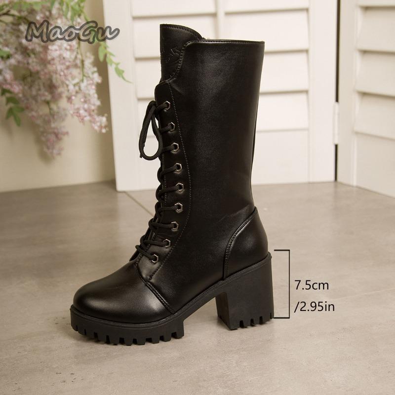 Herbst Damen Mid-Calf Stiefel Blockabsatz Runde Zehenpartie Plateau Stiefel Schwarzes Leder Seitenreißverschluss Botas Mujer Große Größe 35-43 Mode