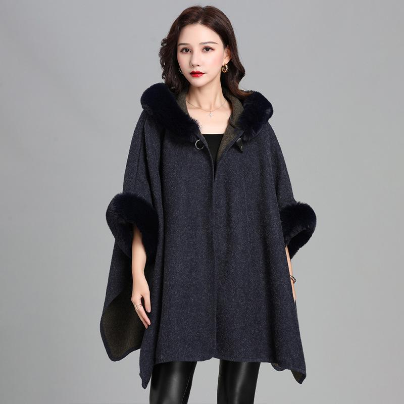 European and American Imitation Rabbit Fur Collar Hooded Large Shawl Cape Women's Knitted Cardigan Thick Loose Mid-length Fur Coat for Women