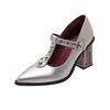 Women's Thick Heel Shoes Spring New Pointed Head Shallow Mouth Rivets Metal Buckle Line Belt High Heels