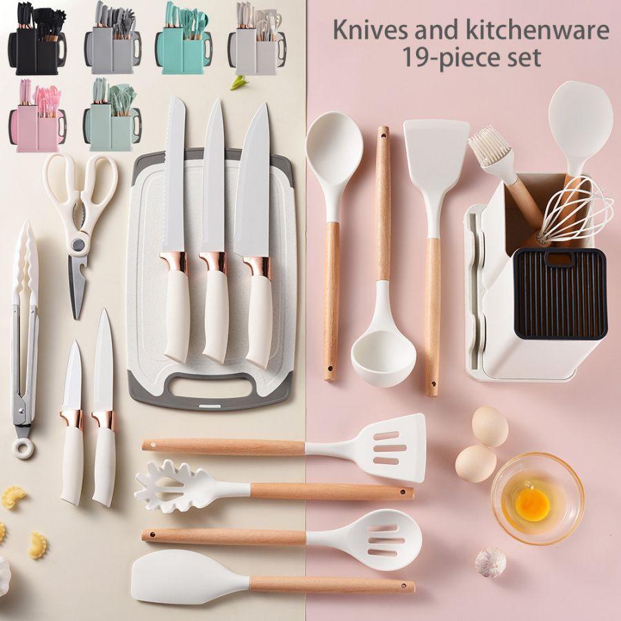 19pcs Food Grade Silicone Brodark Kitchenware Set, Cooking Spoon, Shovel, Cutting Board, Fruit Knife, Chef Knife, Combination Se