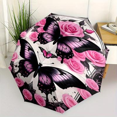 Butterfly Roses Theme 8 Bone Hand Automatic Folding Umbrella, Compact and Portable Design, A Perfect Gift for Birthday, Christmas or Busines