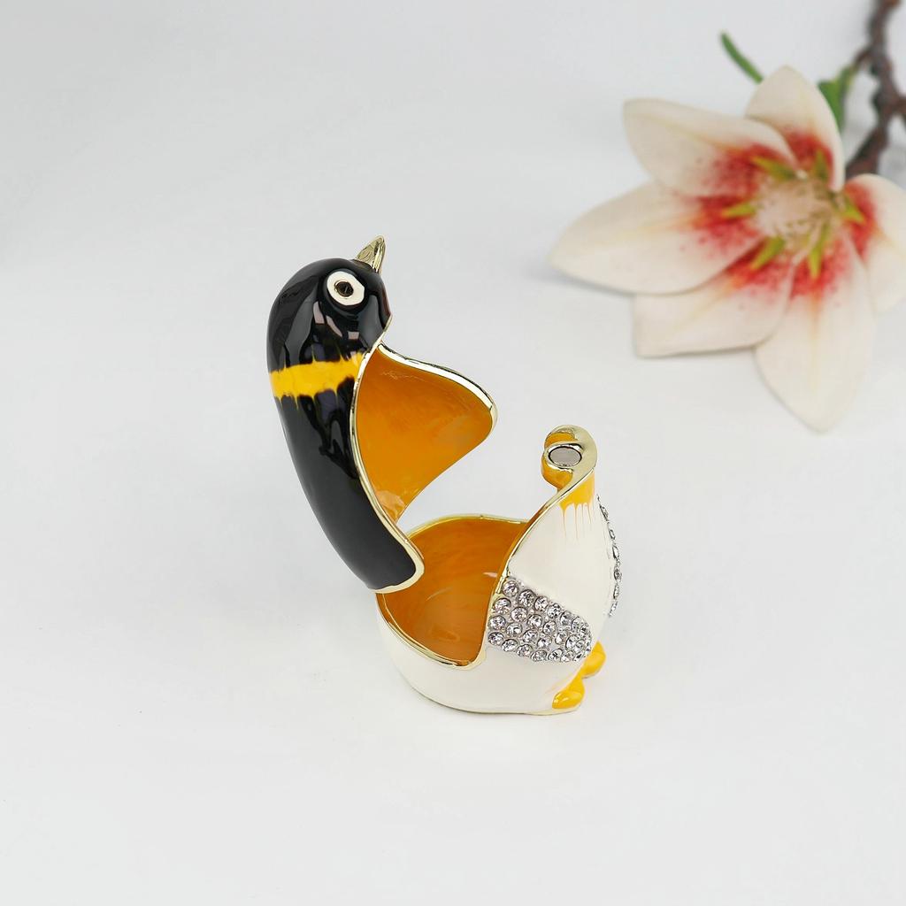 SHINNYGIFTS Traditional Gold-Plated Hand Painted Enamel Penguin Figurine Trinket Box Rhinestone Inlay Mini Metal Jewelry Storage