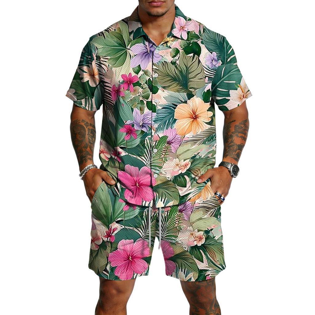 Men's Casual Printed Lightweight Breathable Shirt and Drawstring Shorts Set