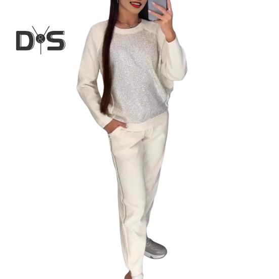 

2 шт./комплект женский топ брюки костюм со стразами декор О-образный вырез длинные рукава пэчворк спортивный свитшот эластичный пояс брюки фитнес-наряд осень весна S белый