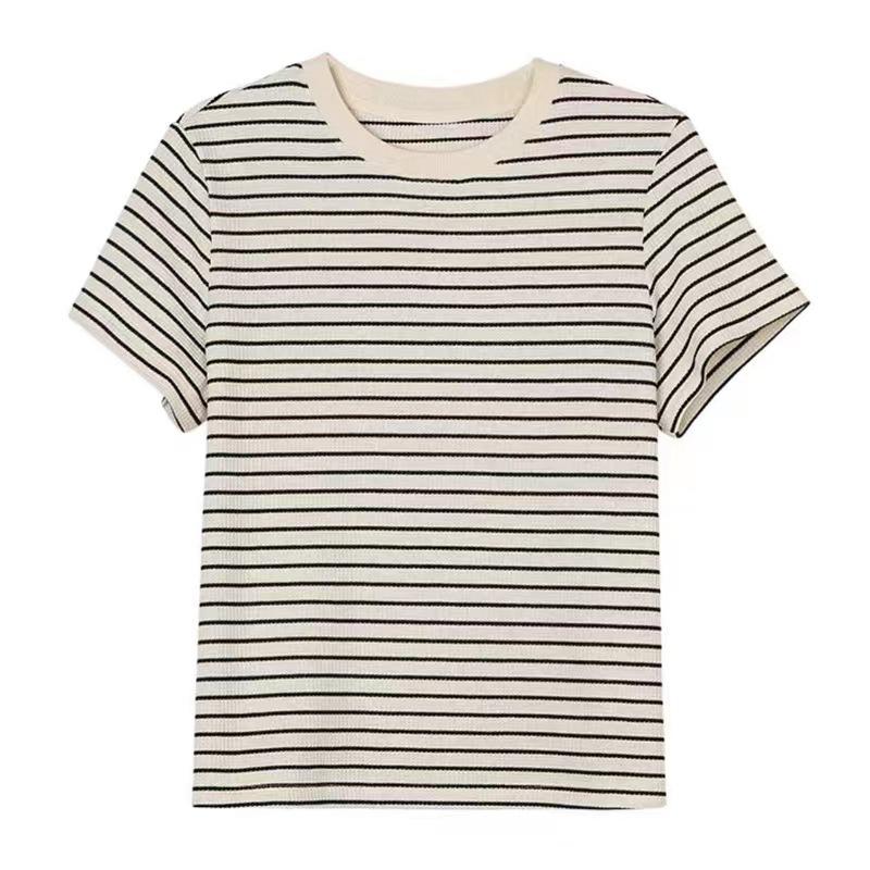 Tricou cu dungi din bumbac cu mânecă scurtă pentru femei, Top versatil în stil lejer, Tricou de primăvară și vară, Cămașă de bază