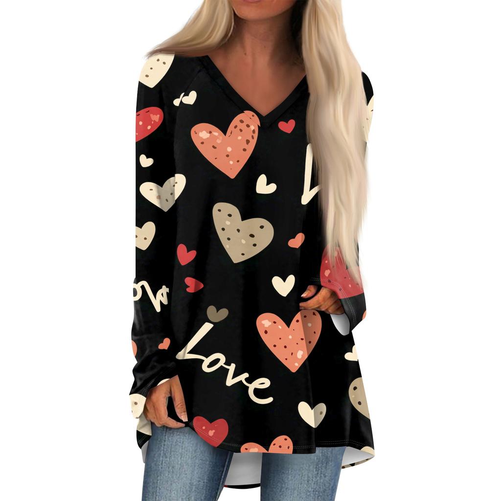 Women's Fashionable Casual Long,Sleeved Valentine's Day Print V,Neck Mid,Length Top