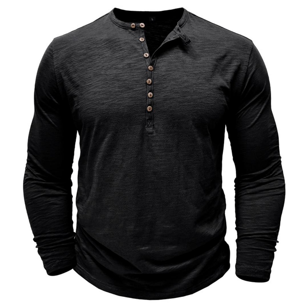 King Billion Lichtgewicht Zomer Katoenmix Lange Mouwen Top voor Mannen - Ademende Henley Nek Casual Tops in Effen Kleuren L zwart