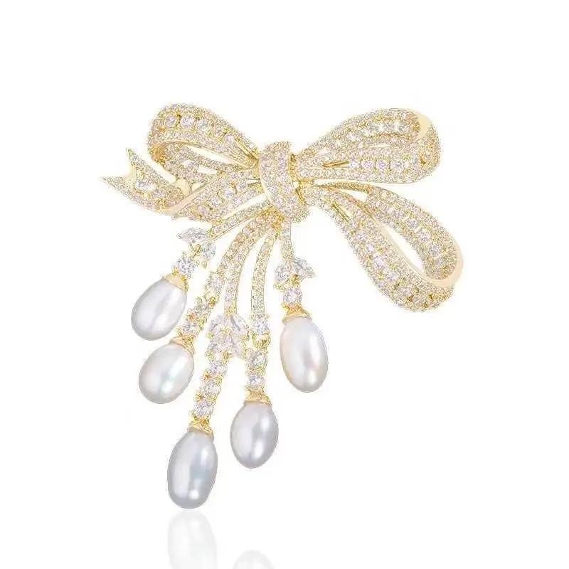 Роскошные циркониевые жемчужные банты с кисточками Модные броши-булавки для женщин Креативные ручной работы Булавки-бутоньерки для костюма Аксессуары для одежды Подарки золотой