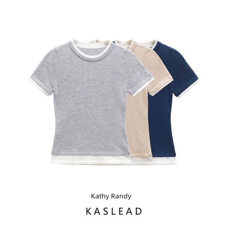 Kaslead New Arrival Women's Fashion Style Stylish Simple and Versatile Casual Double Layer T-shirt 5644318