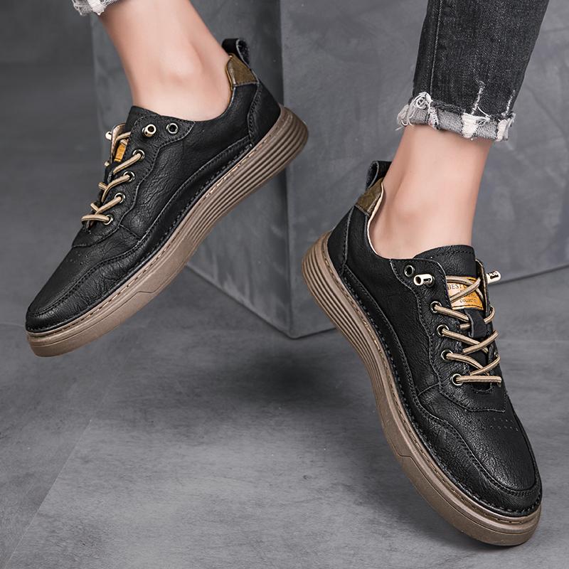 Fashion Mens Leather Casual Shoes Men Outdoor Non-Slip Men's Sneakers Soft-Sole Rubber Flats Lace-Up Man Breathable Trendy Skate Shoes