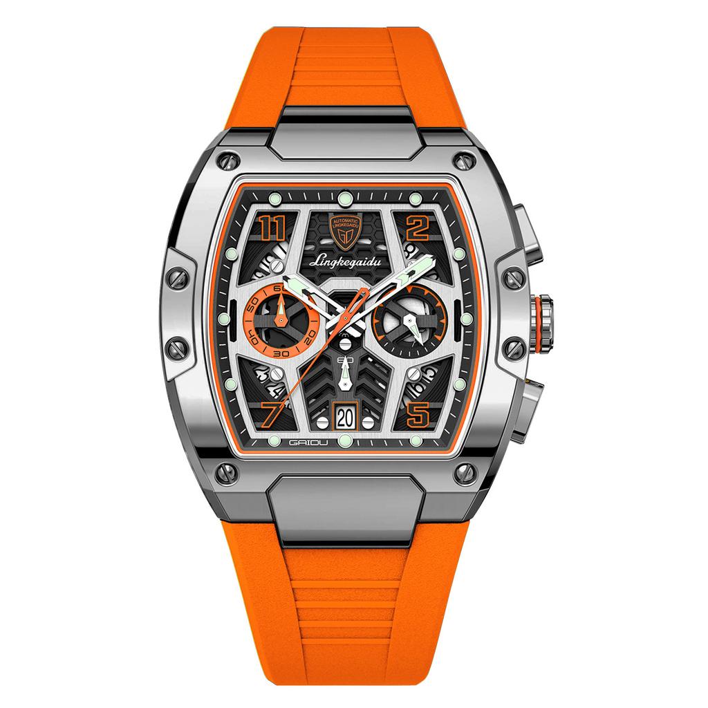 Multifunction Quartz Watches Mens Large Dial Fashion Tonneau Chronograph Watch Sports Silicone Strap,Date,Luminous
