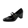 Fashion 2025 Spring Autumn Women Double Buckle Pumps Shoes Leather Square Head Square Heel Solid Color Women's Shoes Heeled Loafers
