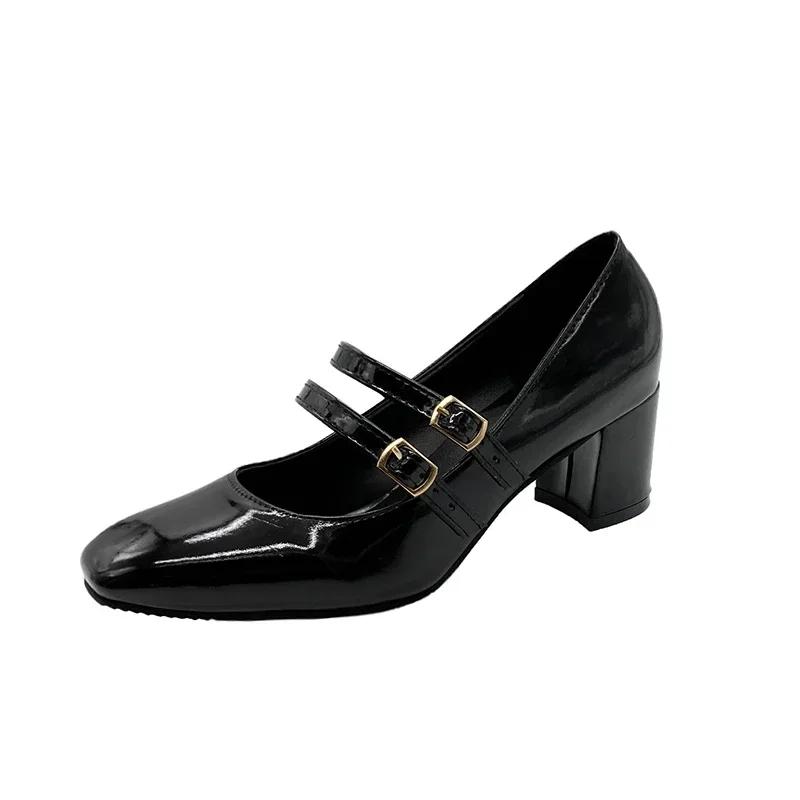 Fashion 2025 Spring Autumn Women Double Buckle Pumps Shoes Leather Square Head Square Heel Solid Color Women's Shoes Heeled Loafers
