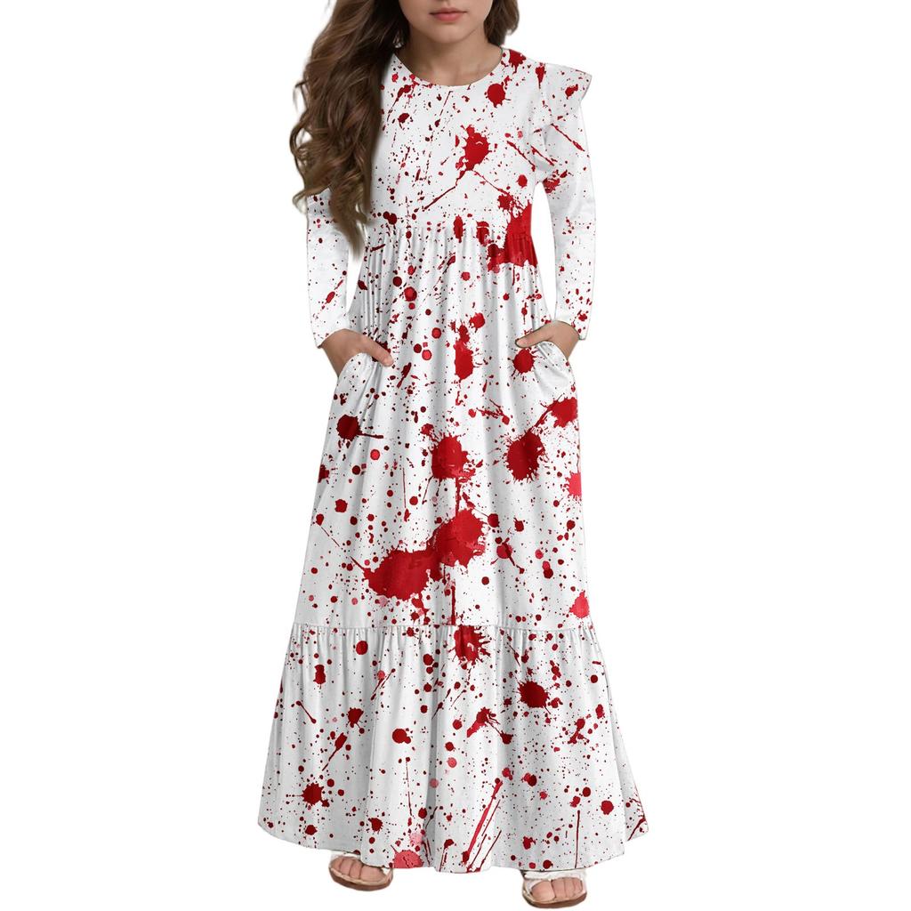 Mädchen Stufenkleid mit Rüschen Halloween Tag - Langärmeliges Maxikleid mit Druck und Taschen