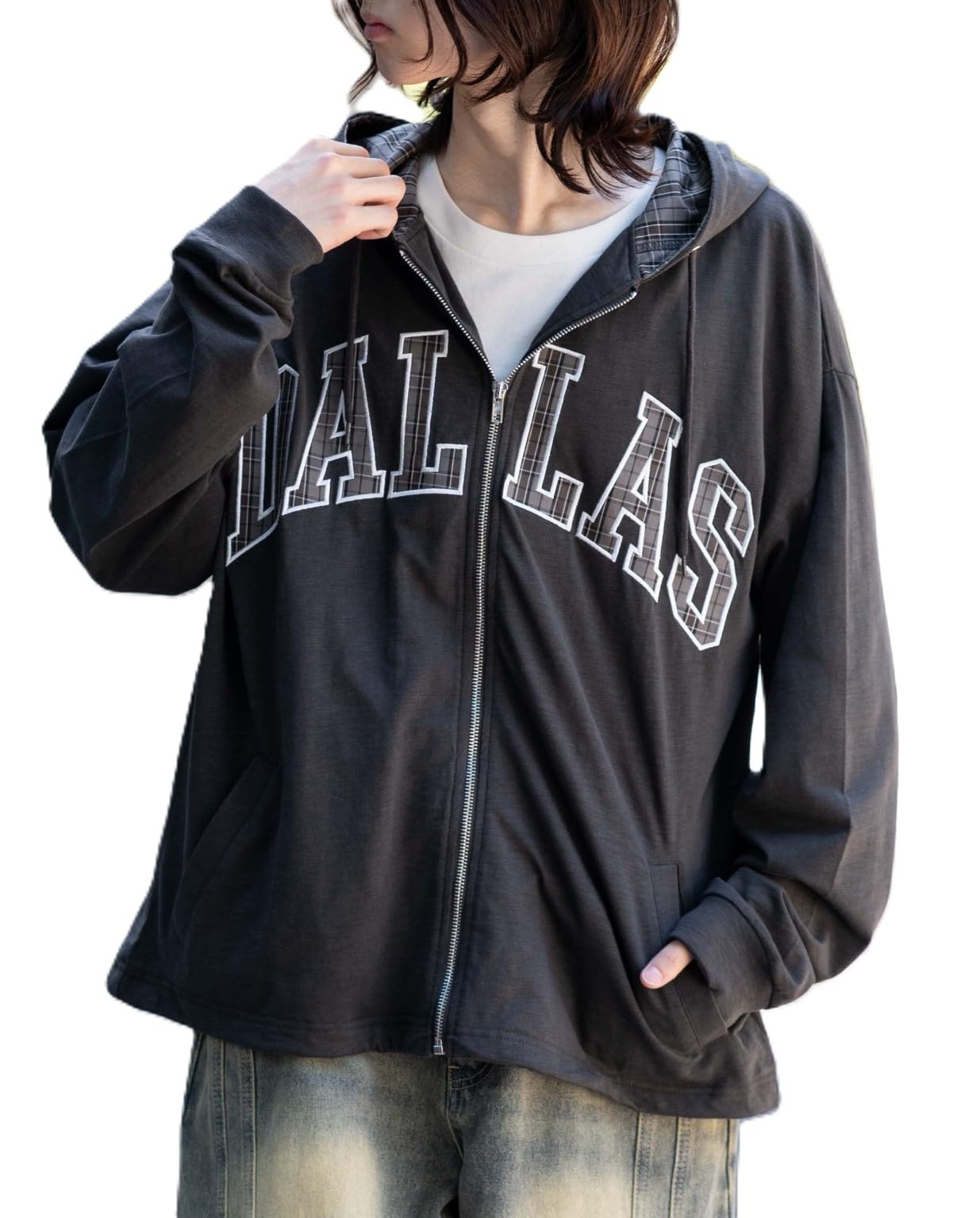 

WEGO Unisex Slub Check Logo Zip Oversized Size Charcoal Hoodie, Sweatshirt, Outerwear, Autumn/Winter Clothing, Silhouette, Gift, Men s, M,