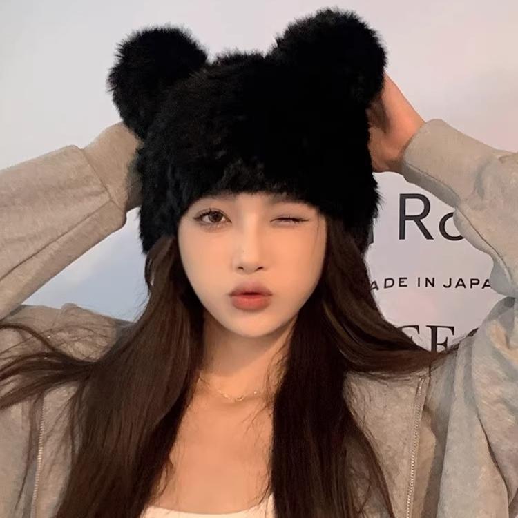 Mickey Ears Rabbit Hair Hat Women's Autumn and Winter Thickened Cold-proof Warm Baotou Hat Plush Fur Cute Headscarf Hat