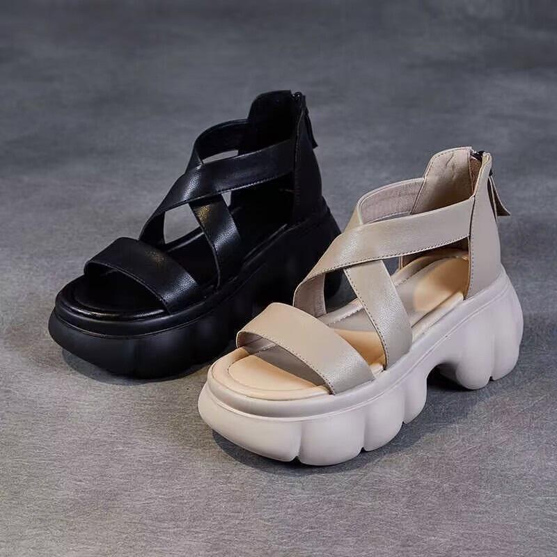 Popular Muffin Platform Cross Sandals Summer 2025 New Soft Leather Roman Beach Shoes Zipper Fashion Cool Boots