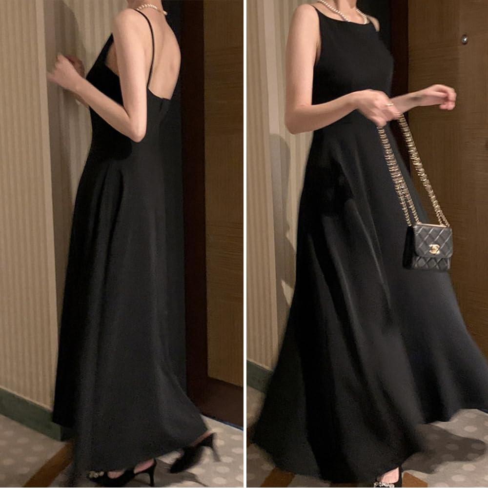 BEYANE Long Concert Party Wedding Adult Simple Long Open Cabaret High School Cocktail Evening Dress Dress, Dress, Dress, Black, Camisole, Satin,