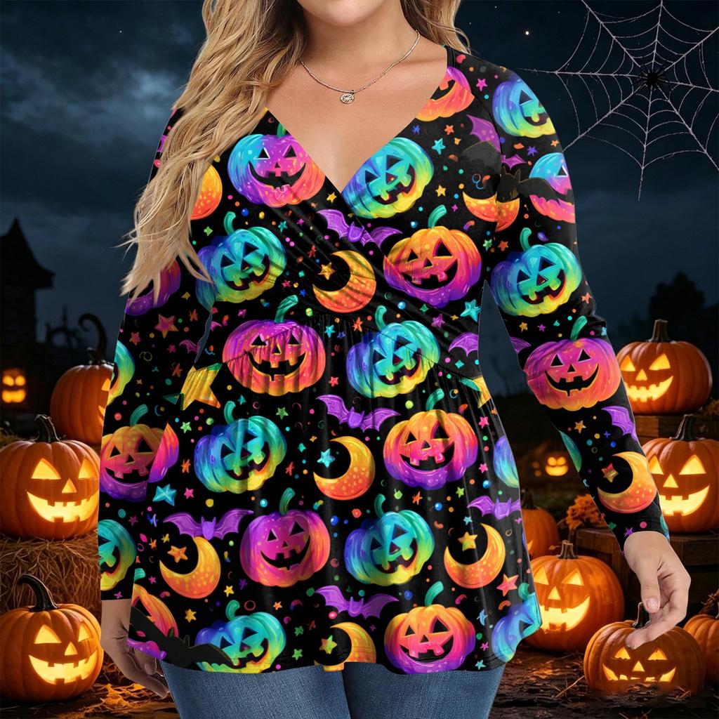 Damen Plus Size Langarm V-Ausschnitt Bluse mit Halloween-Print Lässiges Tunika-Oberteil für den Herbst