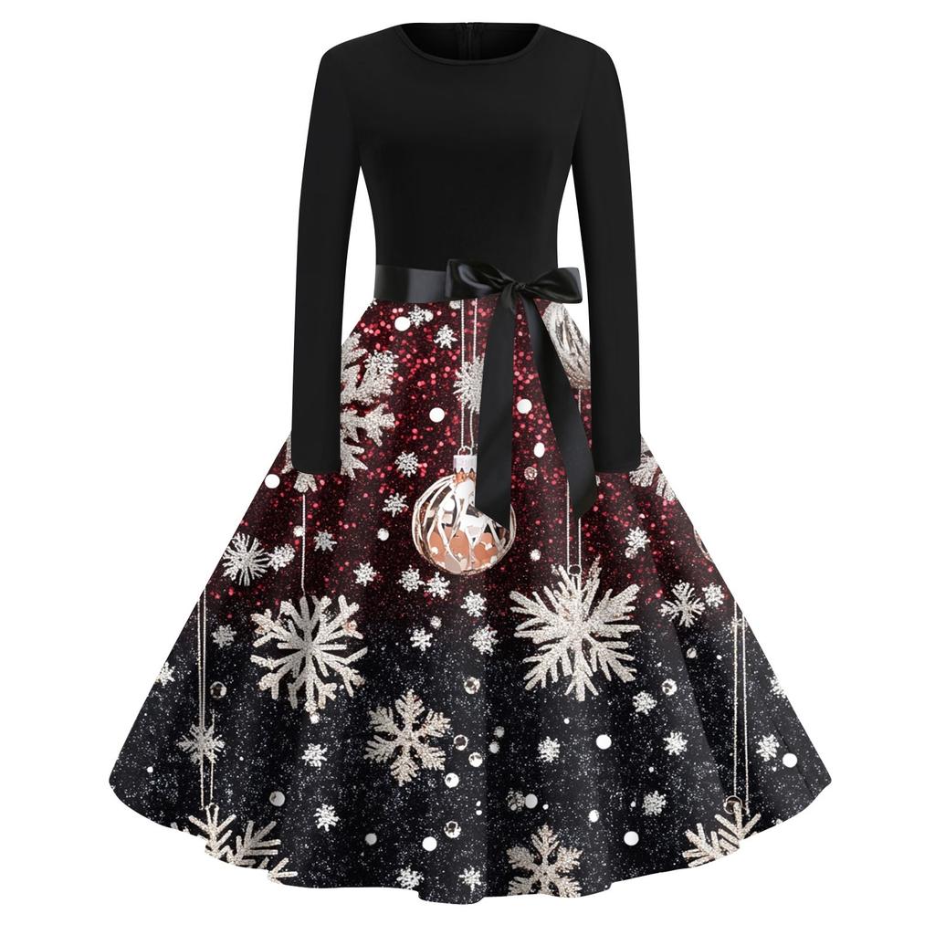 Damenmode Rundhalsausschnitt Lässig Schlank Weihnachten Bedruckte Langarmkleider