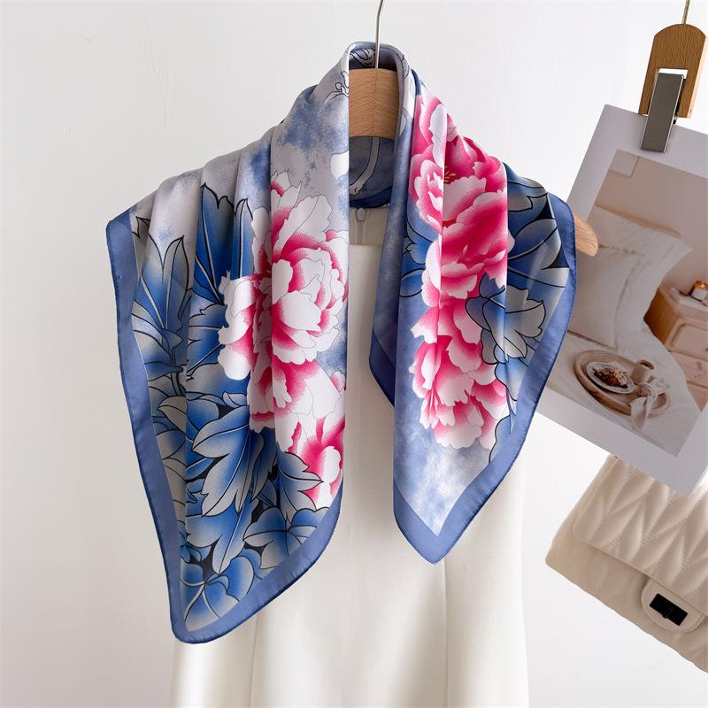 Blue Rhyme Flower Shadow Printed Silk Scarf Square Scarf High-End Shawl Versatile Neck Small Square Scarf Headscarf
