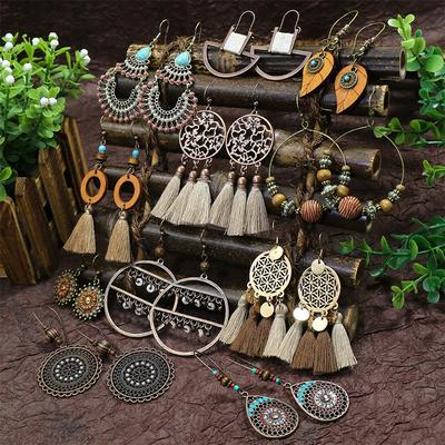 Bohemian Geometric Drop Women Earrings Ethnic Gypsy Wooden Beads Leaf Round Fringe Tassel Dangle Vintage Earrings Boho Jewelry