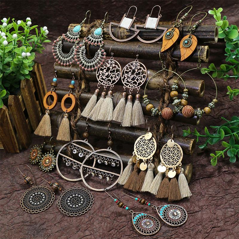 Bohemian Geometric Drop Women Earrings Ethnic Gypsy Wooden Beads Leaf Round Fringe Tassel Dangle Vintage Earrings Boho Jewelry