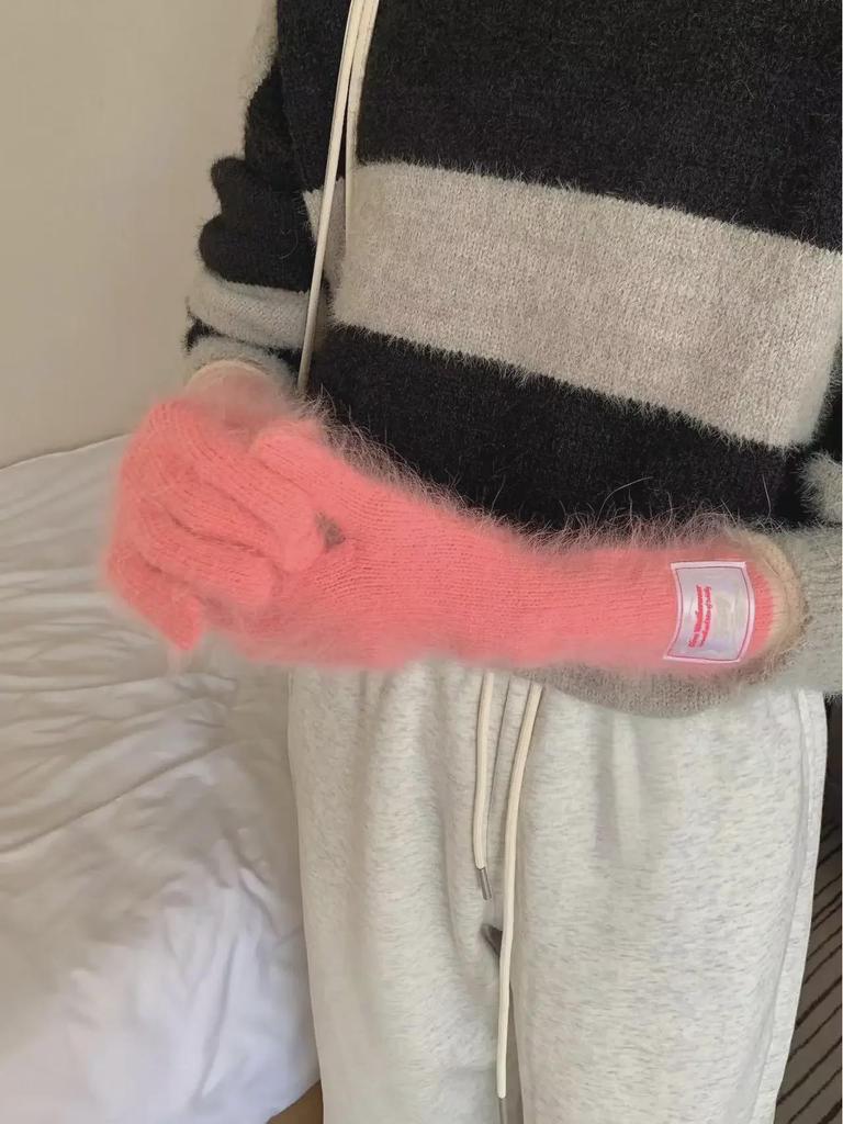 Women's Korean Style Colorblock Wool Long Gloves - Warm, Windproof, Five-Finger Design for Winter Cycling