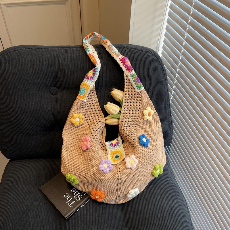 Sac à bandoulière grande capacité style décontracté pour femmes, été, petites fleurs fraîches, style ethnique, sac tricoté, simple et polyvalent