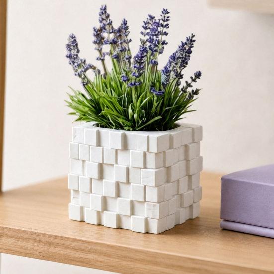 3D Printed Pixel Cube Planter, Grid Spliced Decor, Retro Geometric Ornament, Matte Breathable Structure, Compact Desktop Pot for Succulents Green