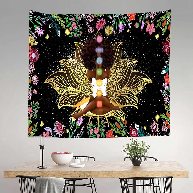 Ine Ive African Chakra Tapestry African American Woman Zen Meditation Tapestries 80x60 Inch Starry Sky Flower Garden Inspirational Afro Yoga Wall Art
