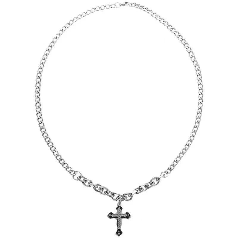 Titanium Steel Clavicle Chain Necklace with Diamond-Studded Cross - Unisex Hip Hop Cuban Chain Trendy Jewelry Pendant