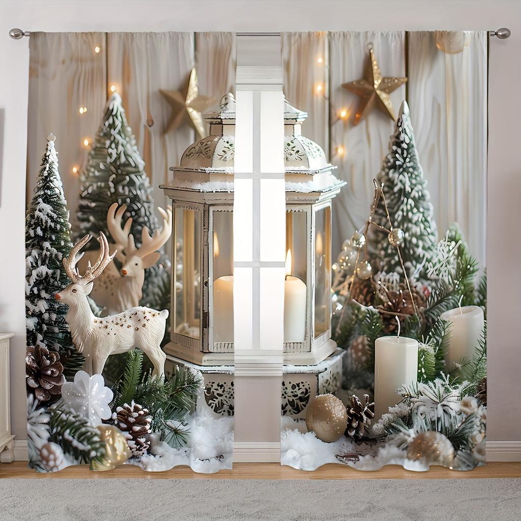2pcs Elegant White and Golden Christmas Curtains with Snowmen & Trees - Rod Pocket Design Polyester for Living Room Decor
