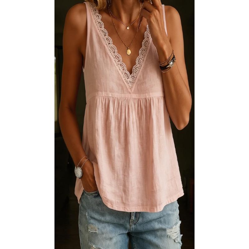Solid Color V Neck Sleeveless Lace Trim Ruched Loose Women Tank Top