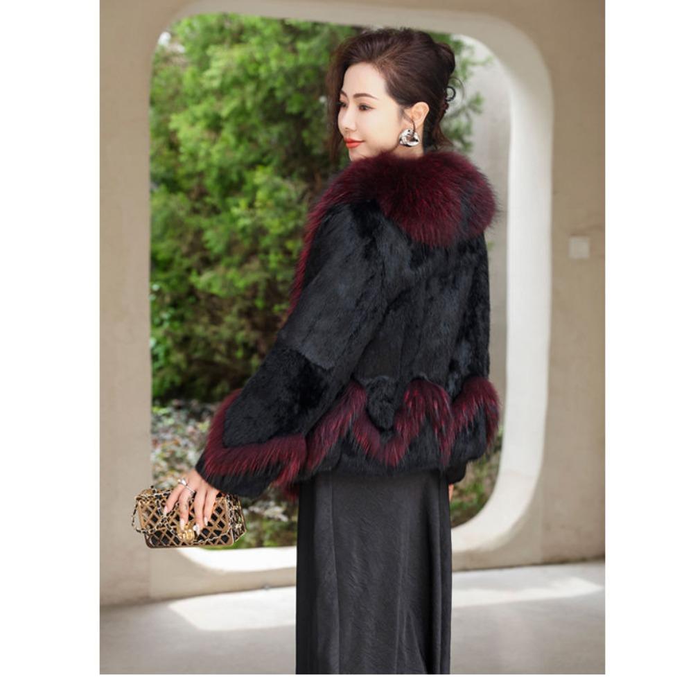 Fur Mid-length Whole Leather Rabbit Fur Coat White Goose Down Lining Raccoon Fur Collar New Autumn and Winter Coat