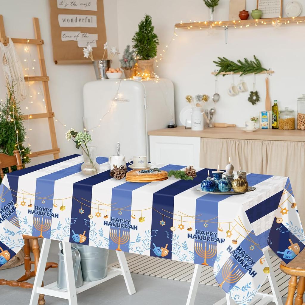 Fancy Land 3Pcs Hanukkah Tablecloth Happy Hanukkah Disposable Plastic Table Cover Blue and White Chanukah Decorations with Menorah Star of David for