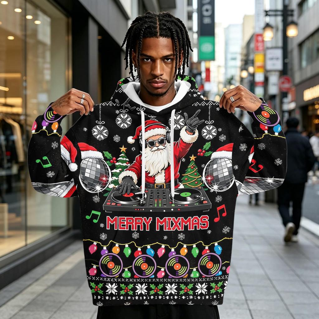 Men's Christmas Print Hoodie with Pocket for Casual Athletic Wear