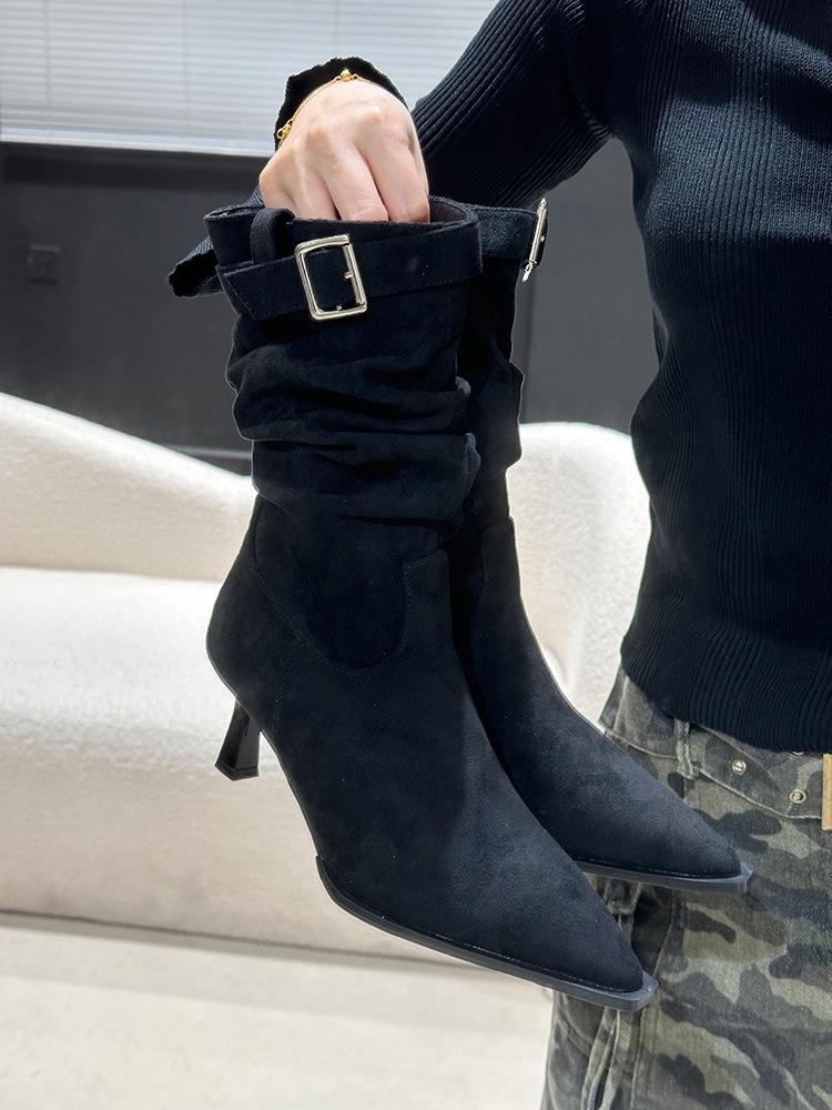 Pointed belt buckle stiletto booties 2025 autumn and winter suede pile boots high heel leopard print booties