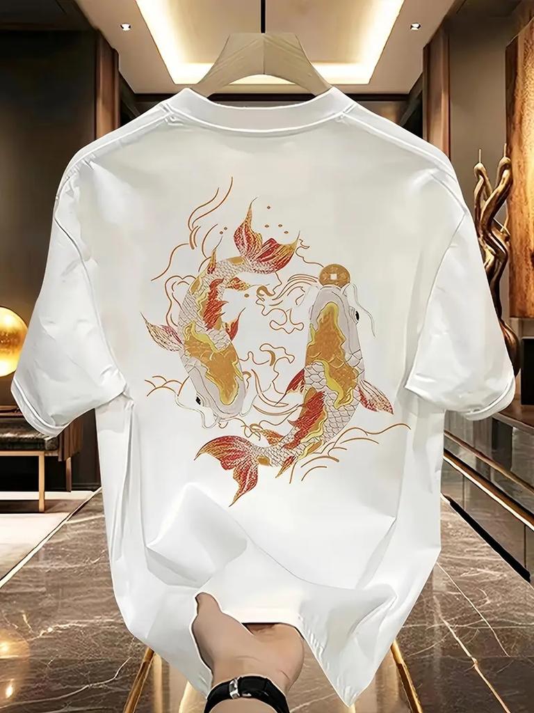 100 Cotton Unisexs TShirt With Golden And Black Koi Fish Print Summer RoundNeck ShortSleeved Casual Unisexs Fashionable Top