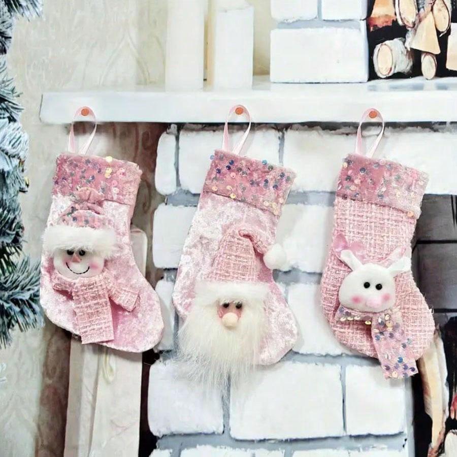 3-Piece Classic Small Pink Christmas Stocking Decoration Set, Featuring Santa Claus, Snowman And Reindeer, Fireplace Ornament.