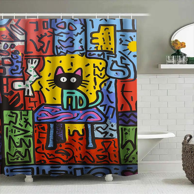 Brightly Colored Graffiti Shower Curtain Featuring Abstract Cat Design Modern Bathroom Decor For Home Bath Remodels