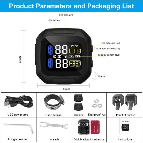 OBEST Motorcycle TPMS Tire Pressure Monitor System with 2 Silver External Sensors,USB Rechargeable IP67 Waterproof Motorcy