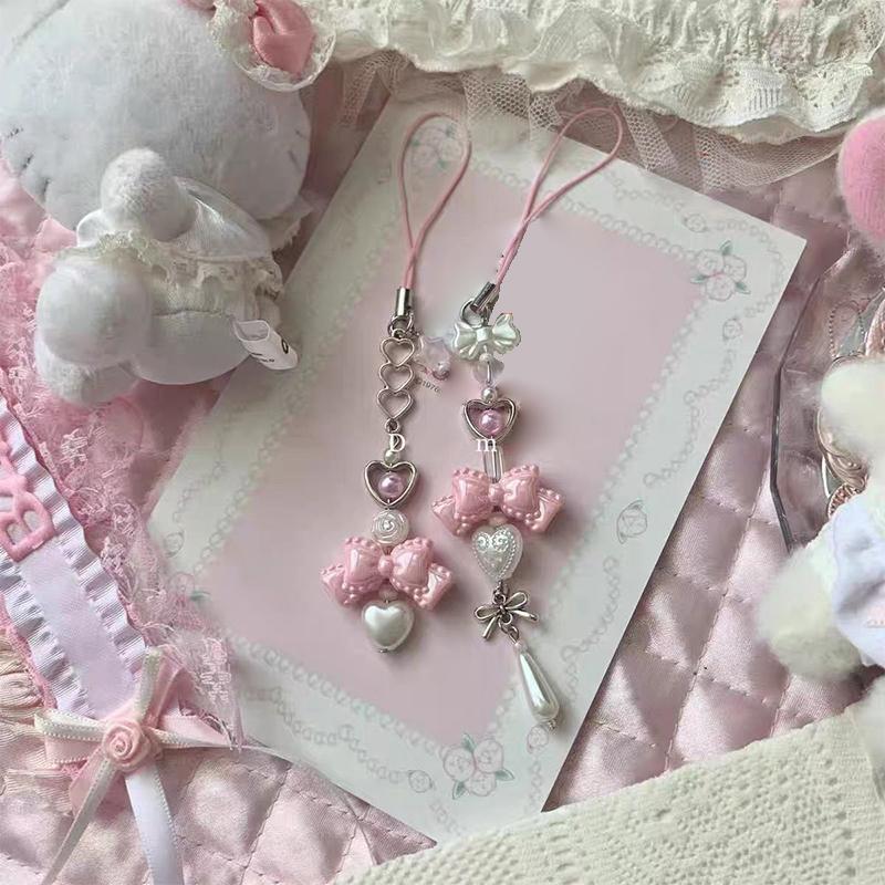 Y2K Theme Pink Bowknot Heart Beaded Keychain; Fresh and Cute Mobile Phone Lanyard; Versatile Pendant for Bags and Purses