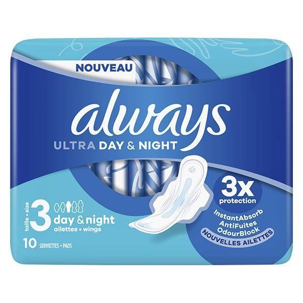 Always Serviettes Ultra Jour &; Nuit avec Ailettes 10 unités