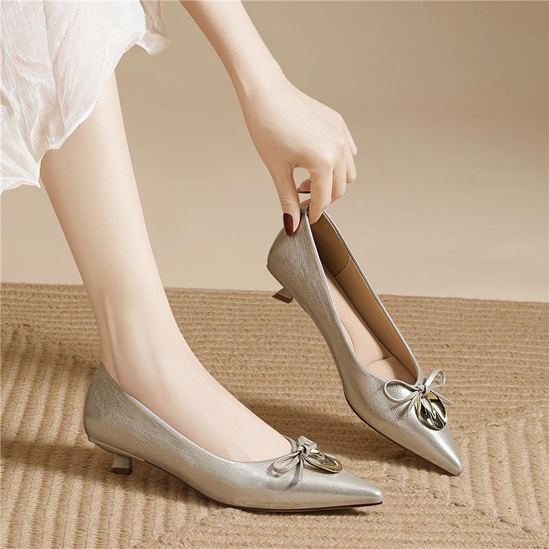 Black Stiletto High Heels Medium Heel Temperament Pointed Single Shoes Women's Niche Bow Exquisite French Women's Shoes