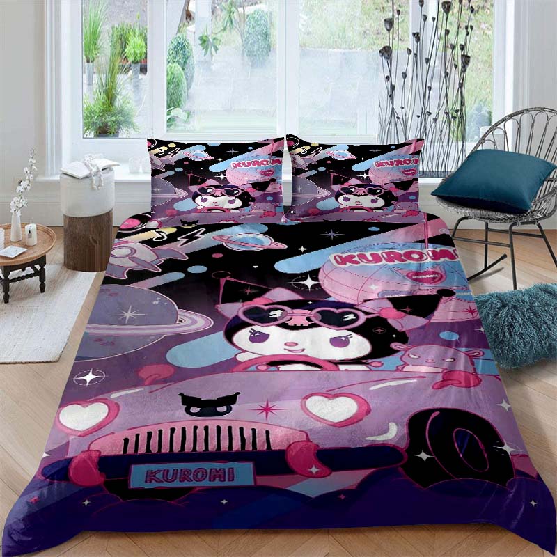 New Kuromi-themed Three-piece Bedding Set, Including Duvet Cover and Pillowcases, But Without Filling. A Great Holiday Gift.