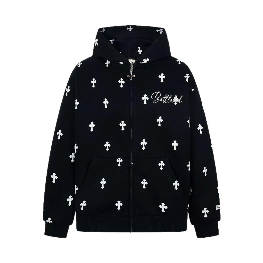 High Street American Cross Print Hooded Cardigan Jacket Autumn Vintage Heavy Loose Trend Sweater Top