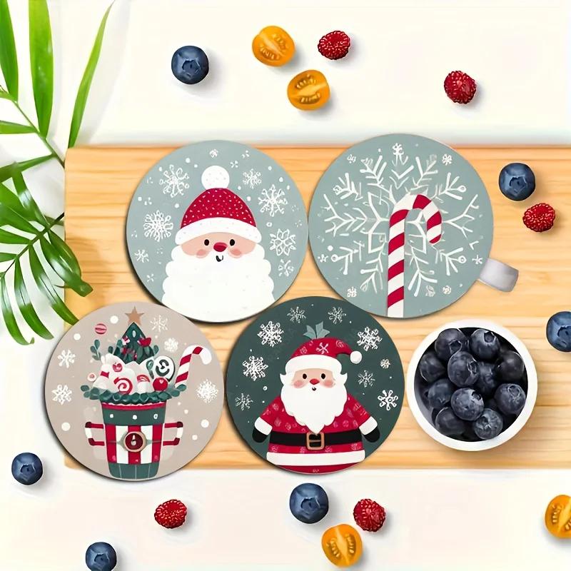 7PCS Christmas Santa Wood Coaster Set - Festive Holiday Drink Mats for Coffee & Tea, Perfect for Home Decor & Restaurant Tables