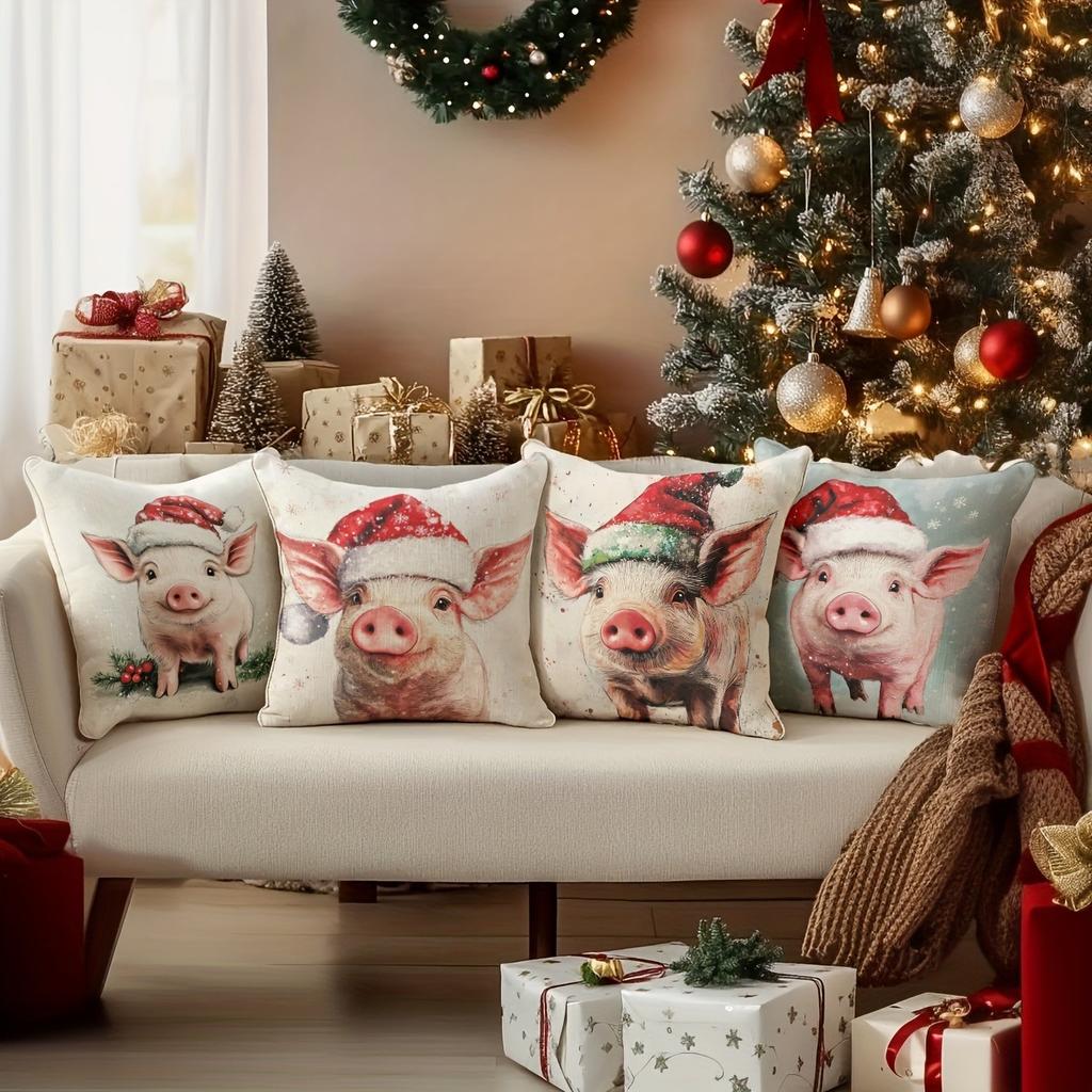 Christmas Pig-Printed Pillowcases: Festive and Adorable Decor for Your Home! Sofas, Bedroom Pillow Covers, Holiday Gifts