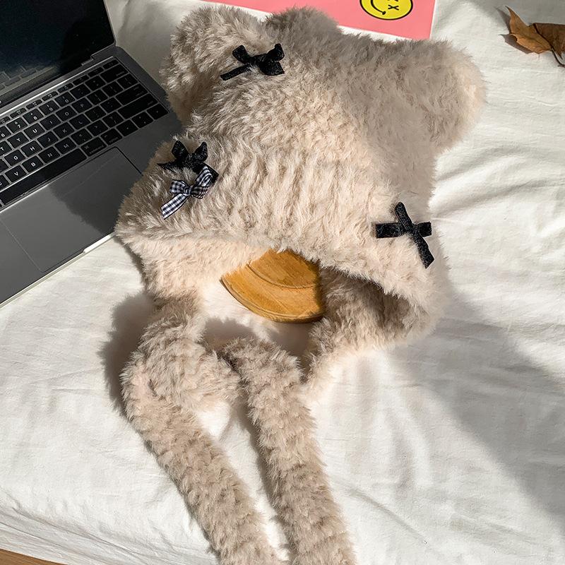 

Plush hat women s autumn and winter new bear bow wool hat cute atmosphere versatile ear protector M（56-58cm）